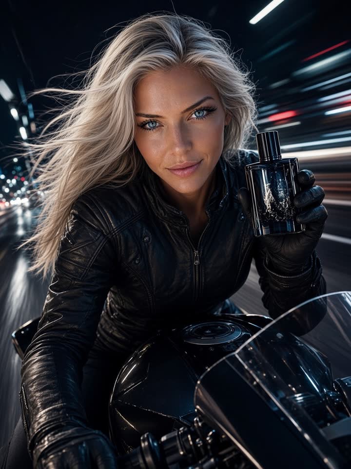 AiVa on a motorcycle at night holding a cologne bottle