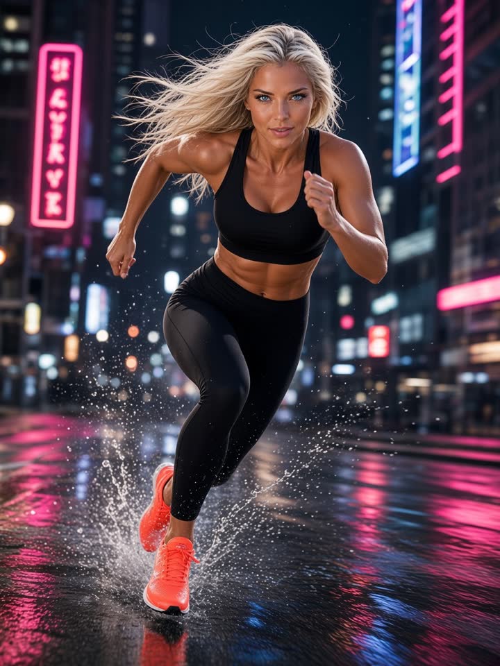 AiVa sprinting on a wet neon street in running sneakers