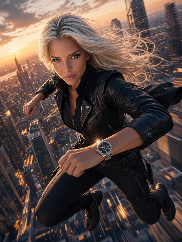 AiVa leaping between rooftops at dusk, watch catching the light